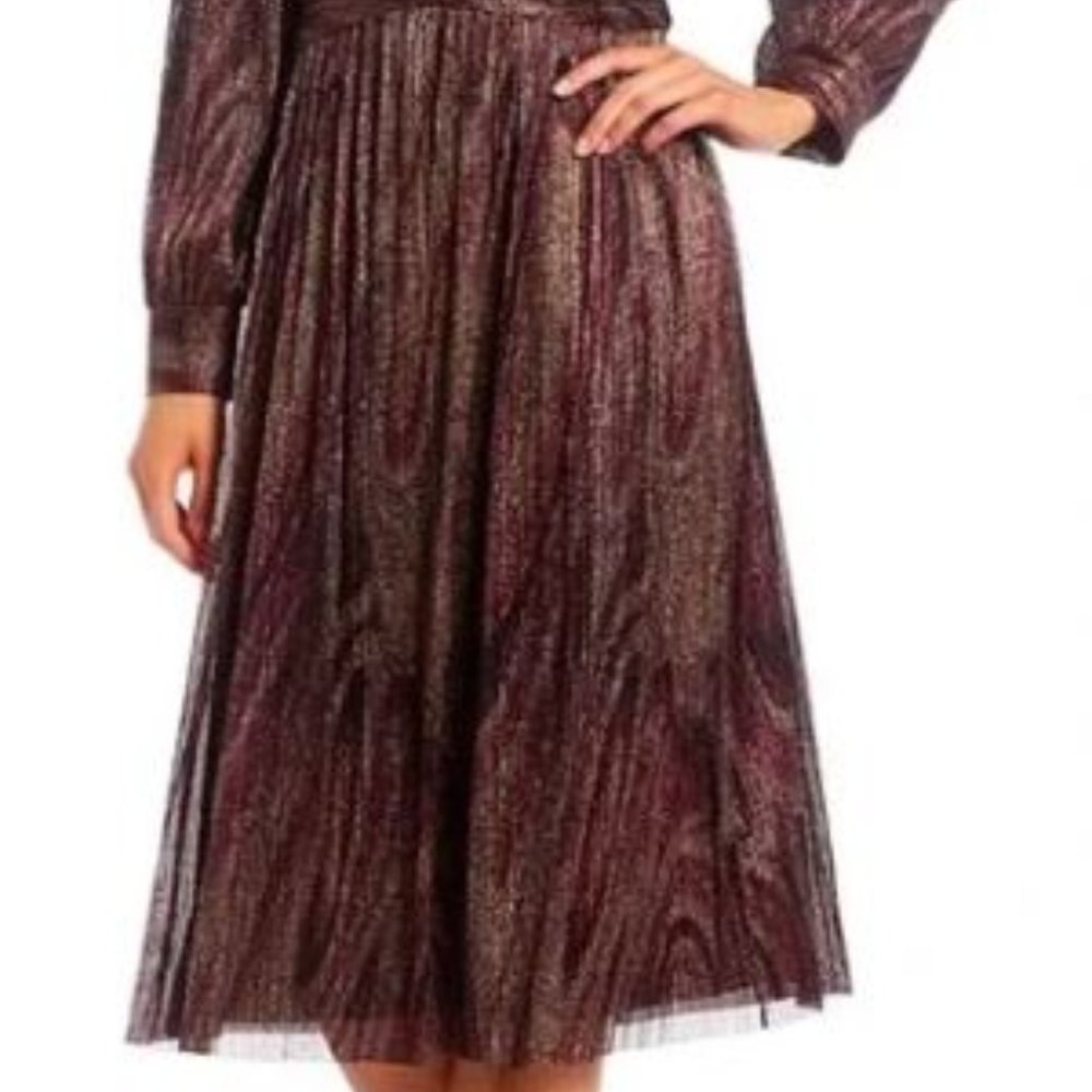 Jessica Howard 18w Pleated Metallic Chiffon Ruched Waist V-Neck Long Sleeve